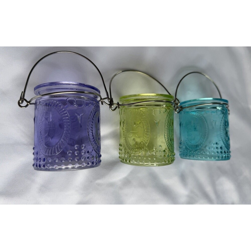 Yankee Candle French Glass 3 Piece Tea light Votive Holders Purple Blue Green